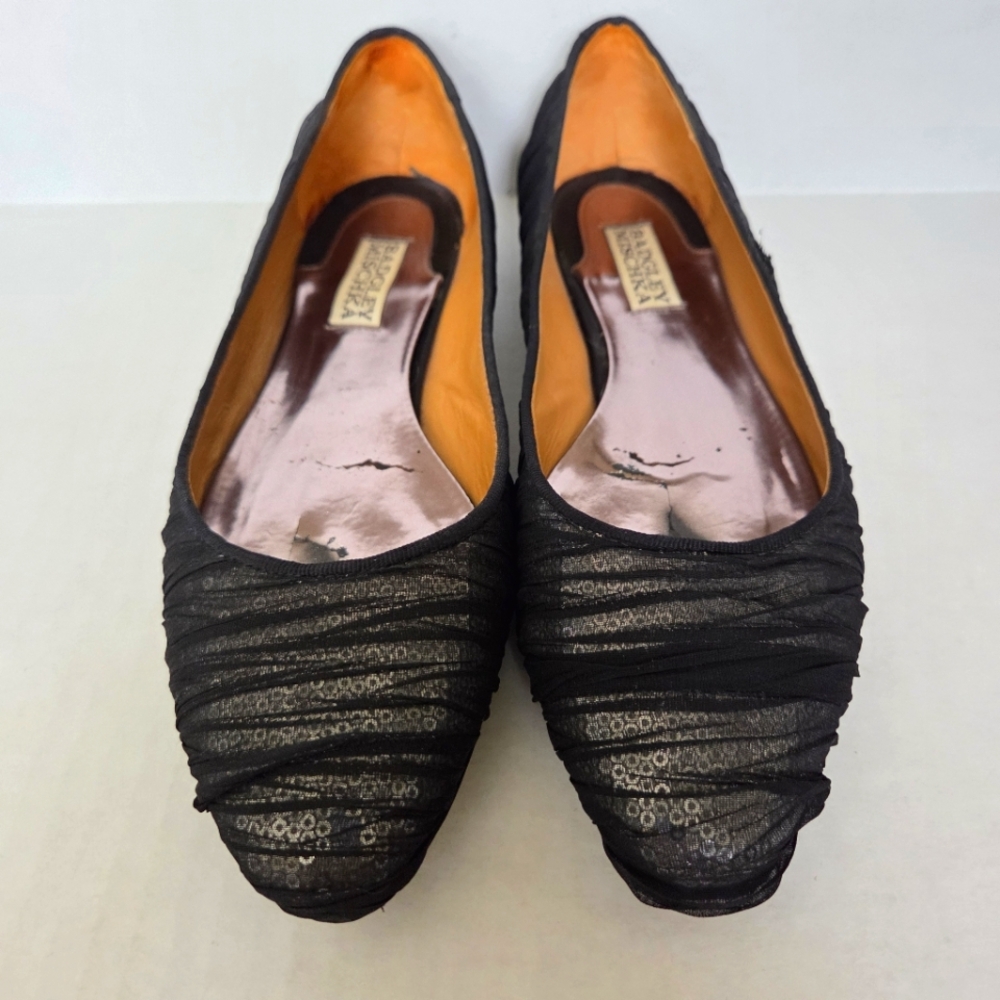 Badgley Mischka Black Organza Covered Silver Sequin Flats Shoes Women’s 8 EUC